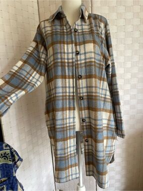 Women’s Plaid Trench Coat in Blue, Cream & Brown